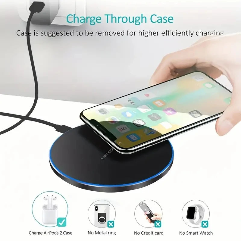 30W wireless charging pad powering smartphone through case with restrictions on metal rings credit cards and smartwatches.