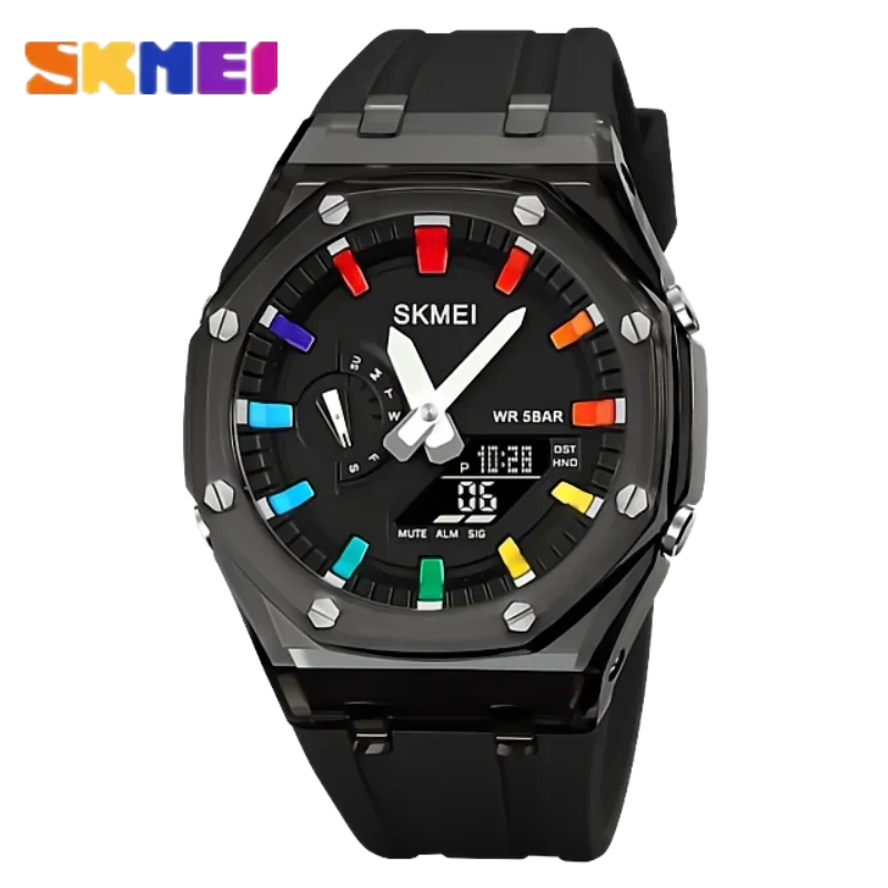 SKMEI men’s analog-digital wristwatch with black case, black silicone strap, and colorful luminous dial markers
