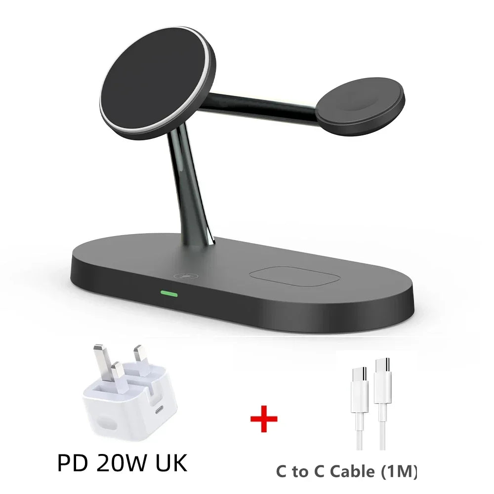 Black phone charging stand with accessories on a white background
