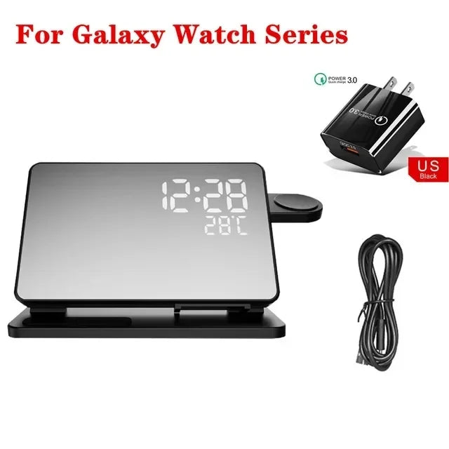 Digital clock with charging cable and adapter on a white background