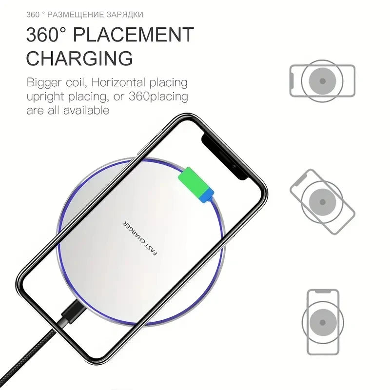 30W wireless charging pad with 360 degree placement allowing horizontal vertical or angled charging for smartphones.
