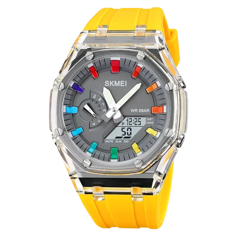 SKMEI men’s analog-digital watch with transparent case, yellow silicone strap, and colorful dial markers