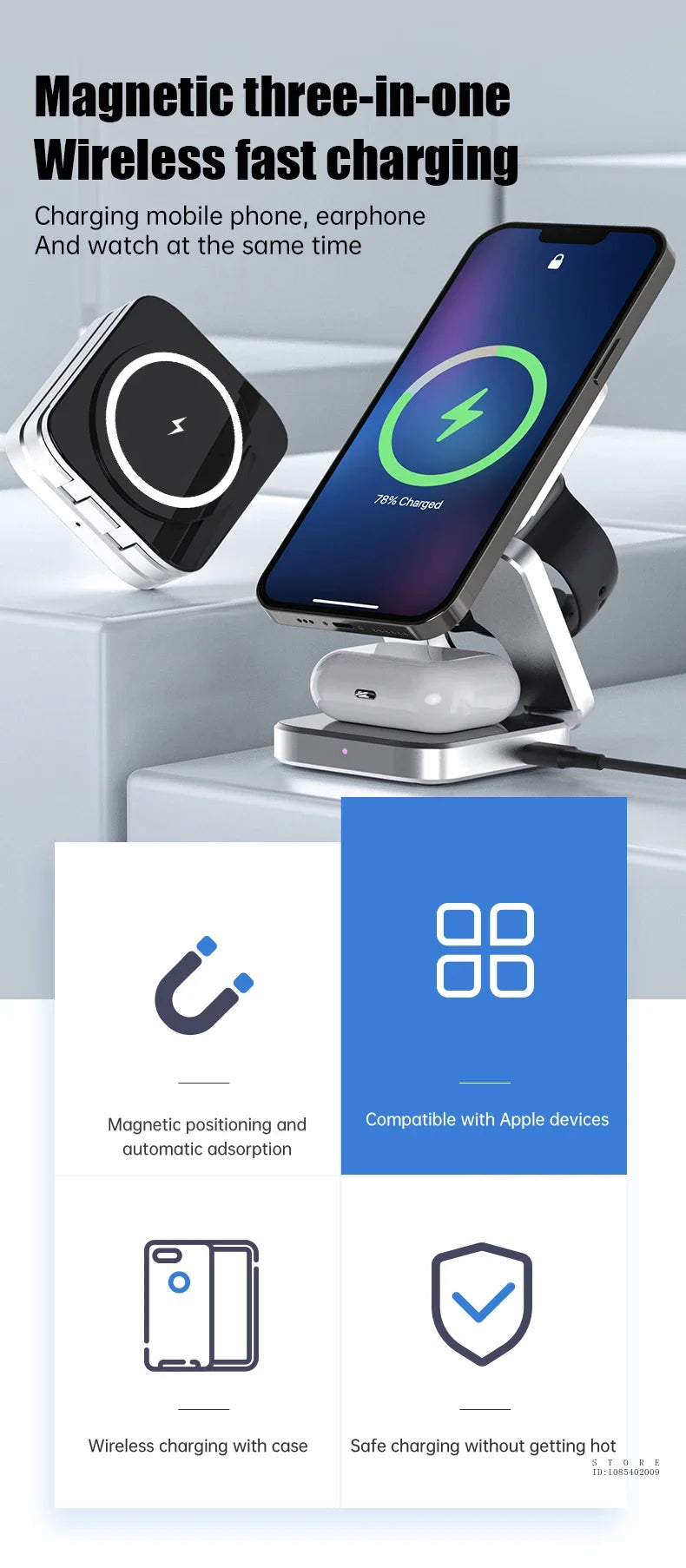 Magnetic three-in-one wireless fast charging device for phone, earphone, and watch.