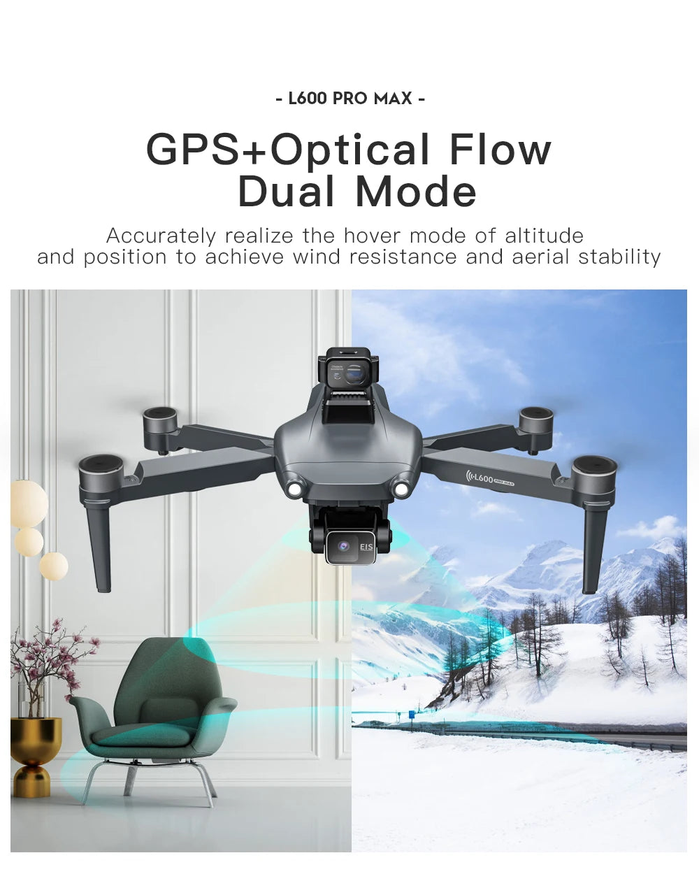 Drone with text about GPS+Optical Flow Dual Mode in a room with a window view of a snowy landscape.