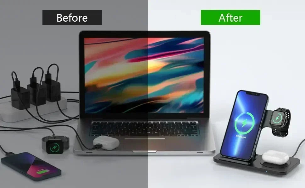 Comparison of multiple electronic devices with and without charging stands on a white background.