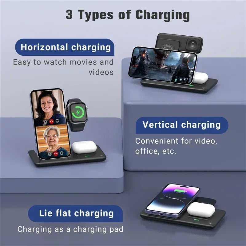 Three charging stations for horizontal, vertical, and lie flat charging on a blue background.