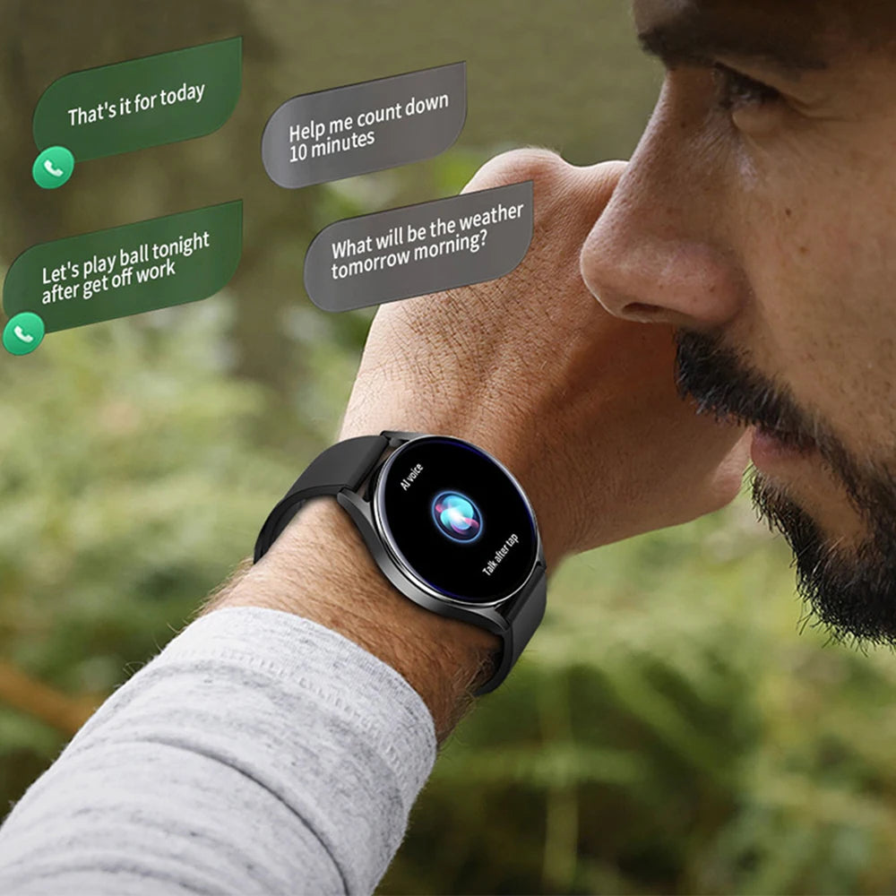 Man using a smartwatch with text bubbles showing a conversation.