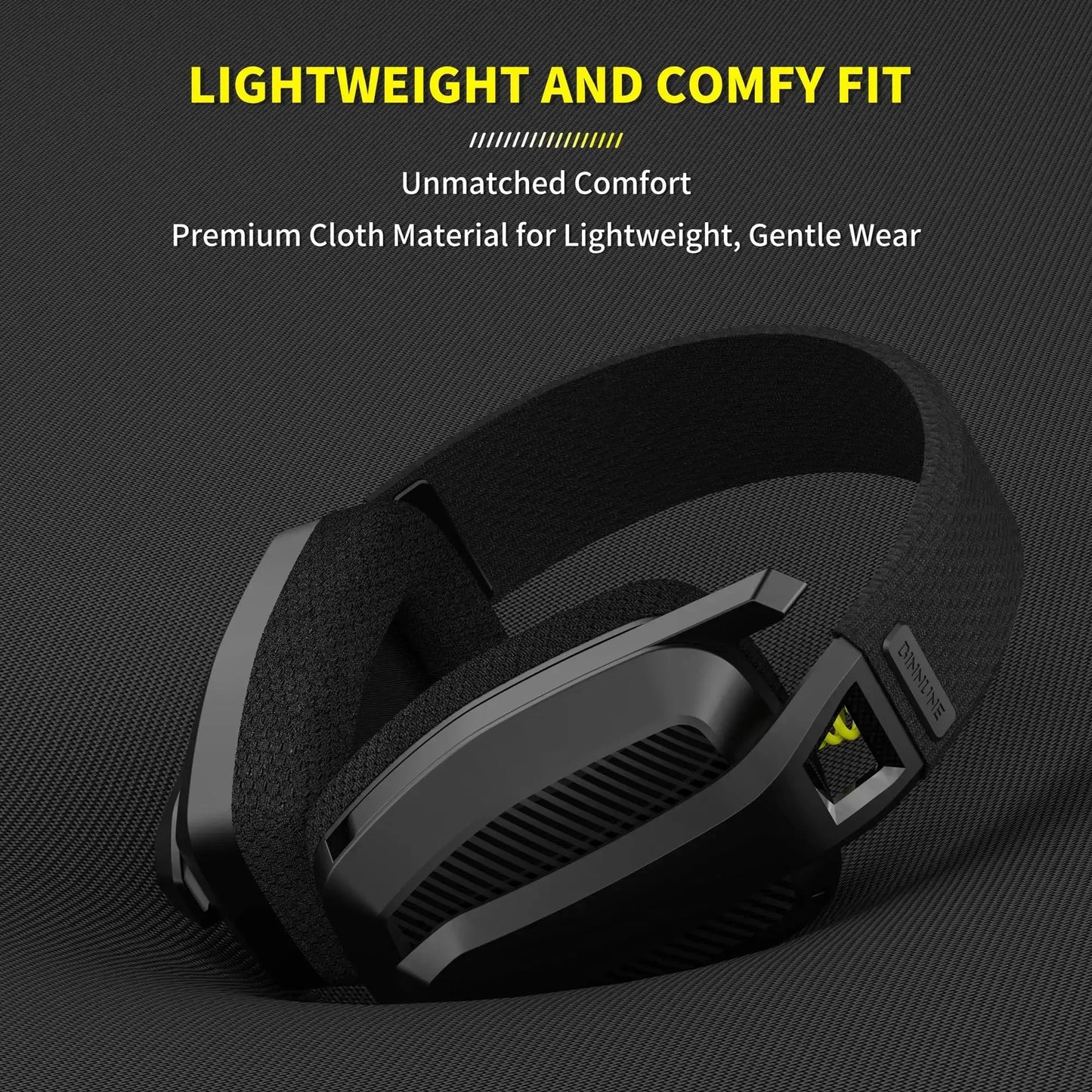 Black gaming headset on a dark background with text about comfort and material.