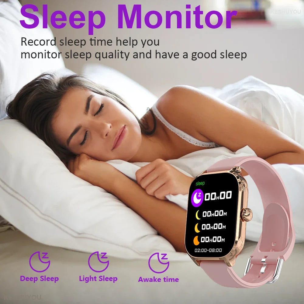 Woman sleeping with a smartwatch displaying sleep monitor features