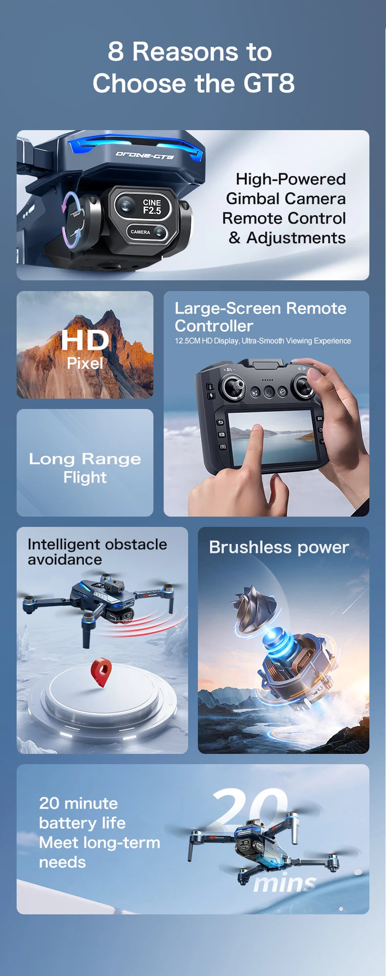 Promotional graphic for the GT8 drone with features listed on a blue background