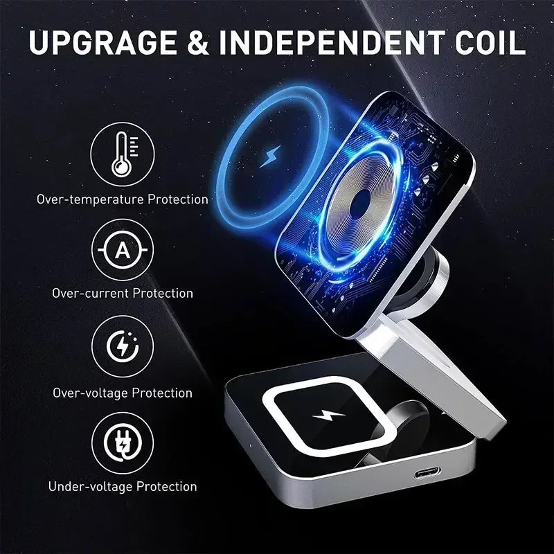 Electronic device with glowing blue interior and protective features on a dark background