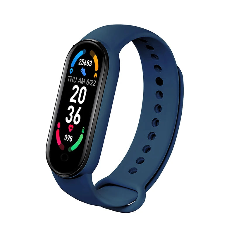 Blue smartwatch with a display on a white background