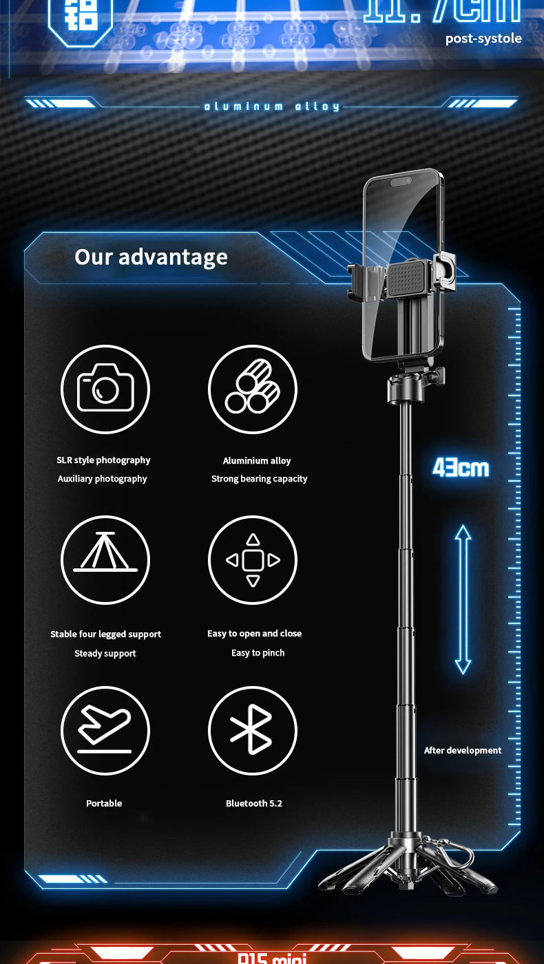 Smartphone holder with stand and Bluetooth features on a black background with blue accents