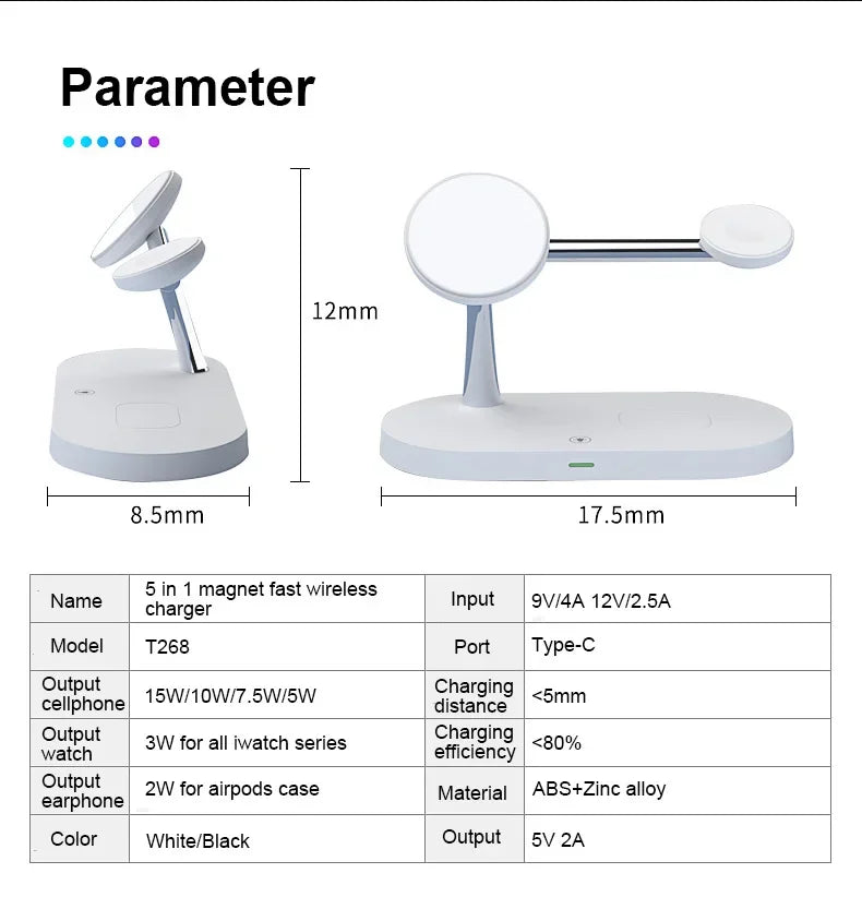 Parameters of a 5-in-1 magnet fast wireless charger with dimensions and specifications.