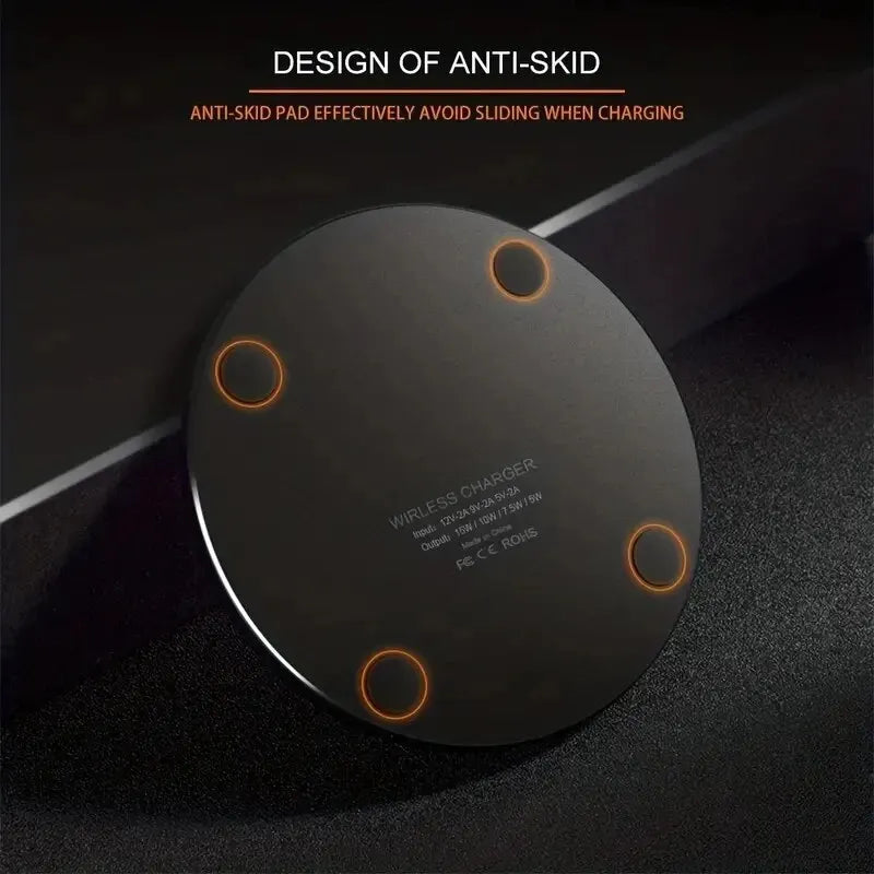 30W wireless charging pad with anti skid base design featuring four rubber grips to prevent sliding.