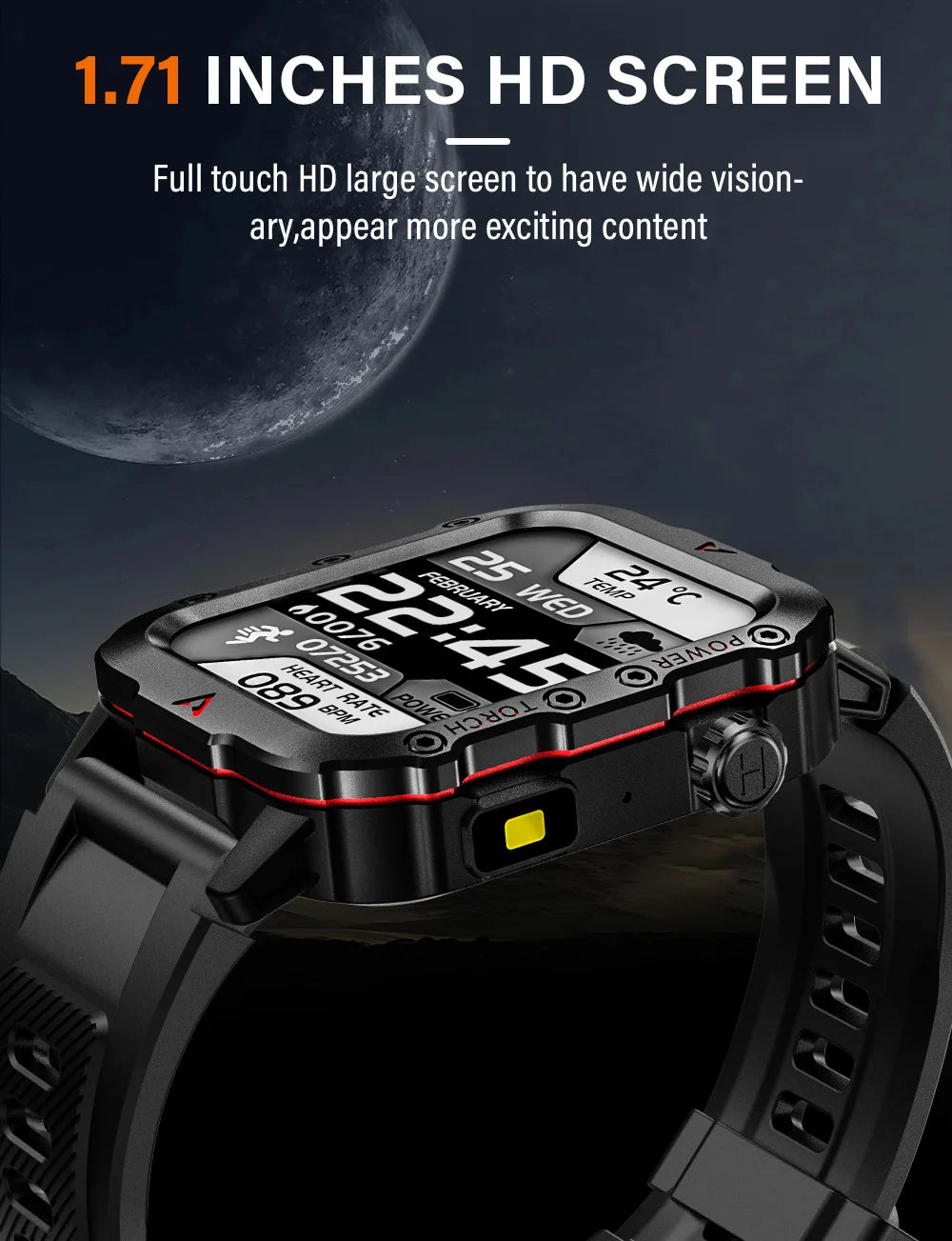 Smartwatch with a large HD screen on a dark space-themed background