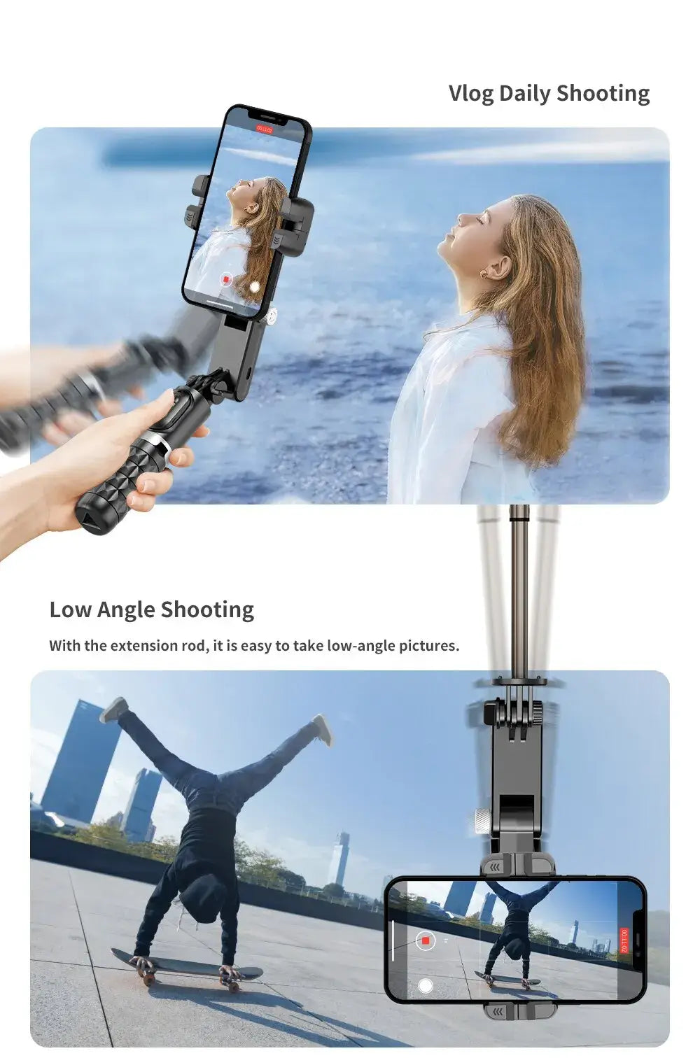 Handheld camera stabilizer with smartphone mount, ideal for vlogging and capturing stable low-angle shots