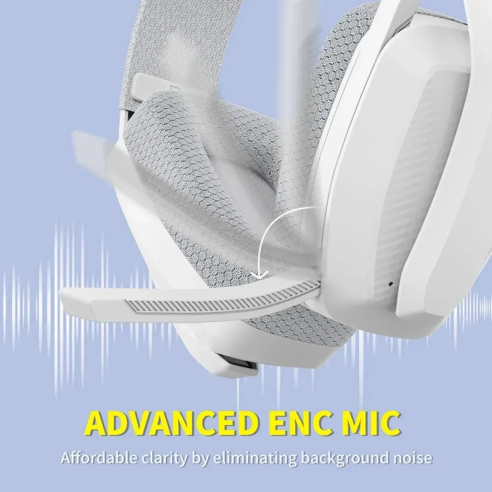 White headphones with advanced ENC mic feature on a light blue background