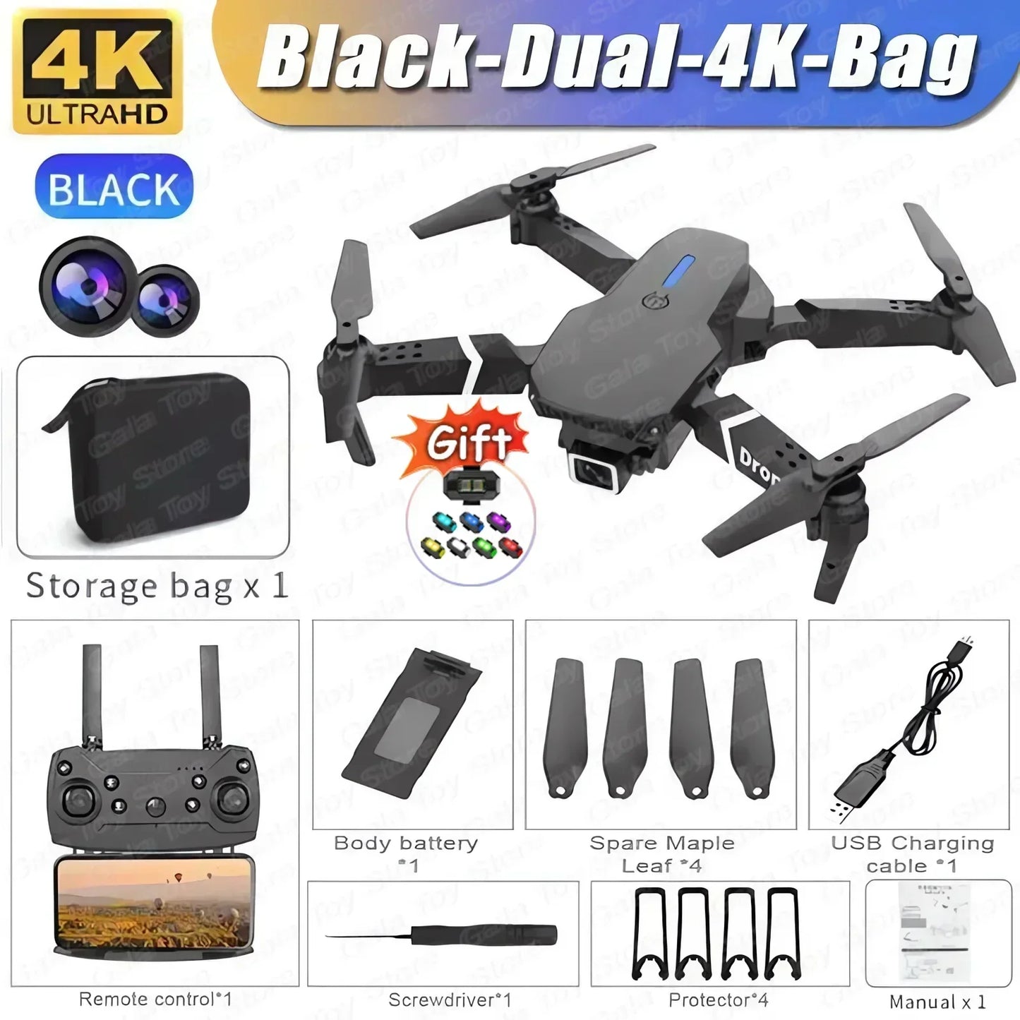 Black dual 4K drone with accessories and storage bag on a white background