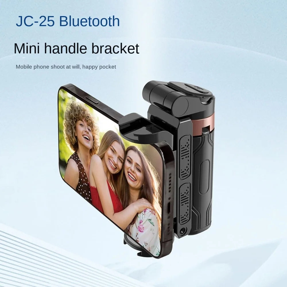 Mini handle bracket with smartphone attachment on a light blue background