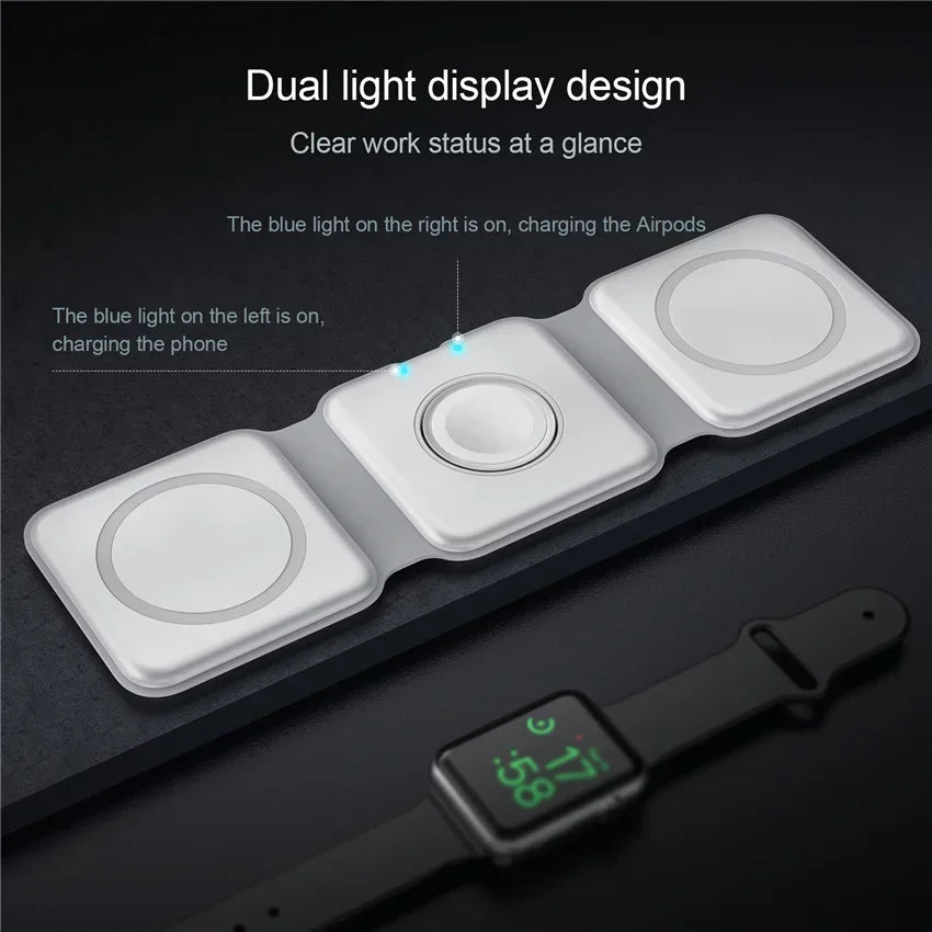 Wireless charging pad with dual light display for phone and AirPods on a dark background