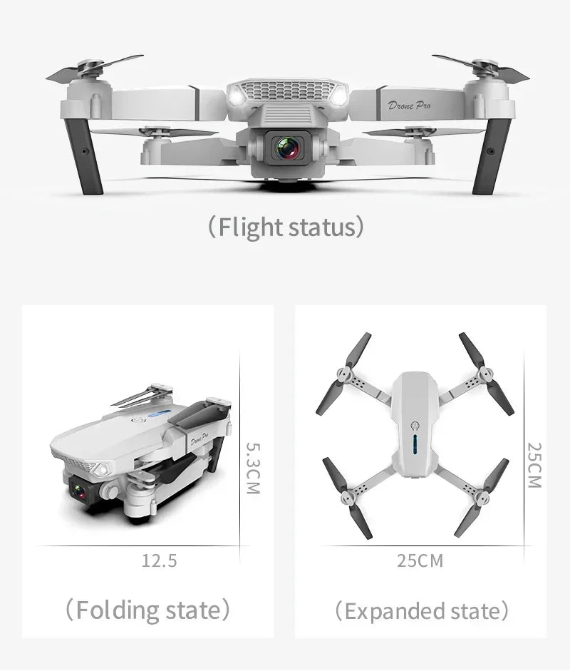 Comparison of a drone in flight, folded, and expanded states with measurements.