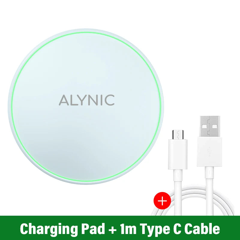 White ALYNIC brand 30W wireless charging pad with green LED ring and 1m Type-C cable included.