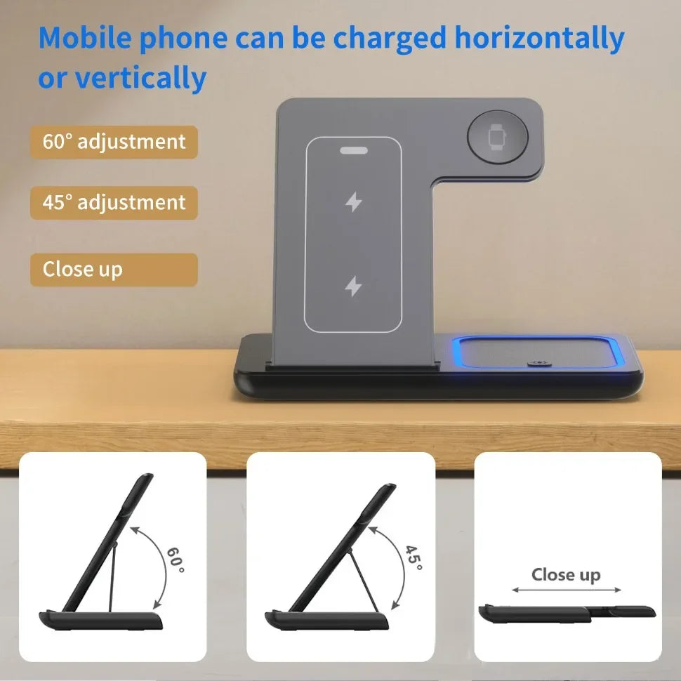 3 in 1 foldable wireless charging station with adjustable stand supporting 45 and 60 degree angles for horizontal or vertical phone charging.