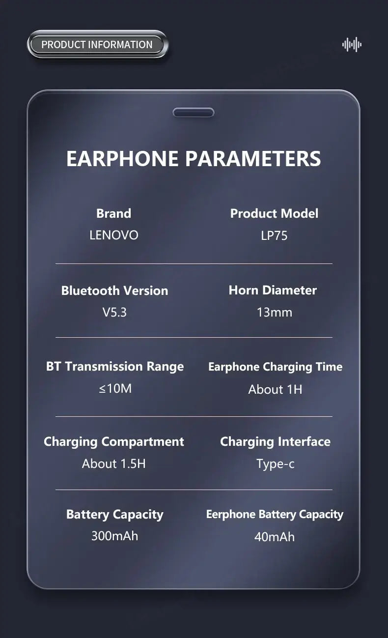 Lenovo LP75 earphone parameters displayed on a dark background