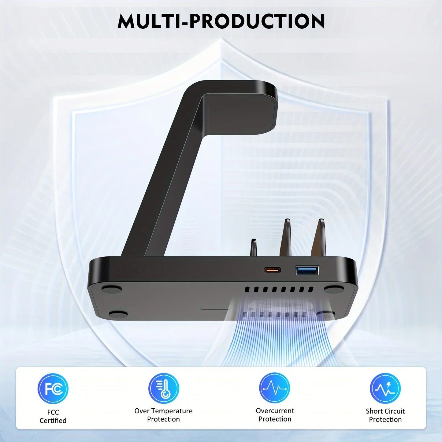 Black electronic device with multiple ports on a white background, featuring certification logos at the bottom.