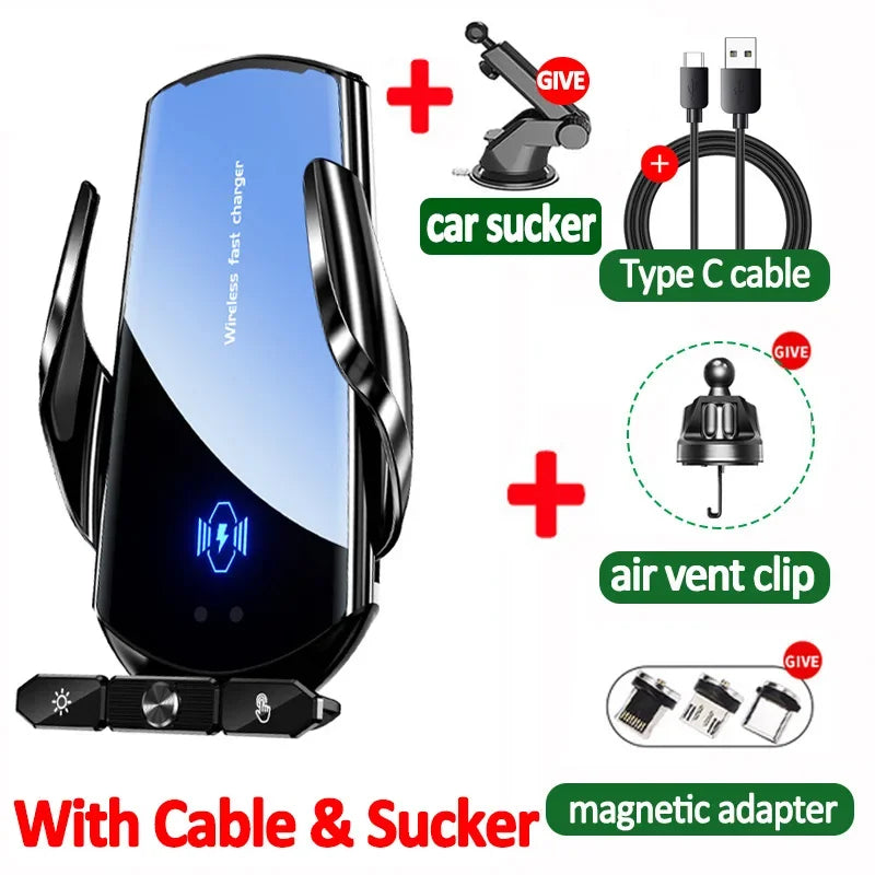 Wireless charger with car sucker, cable, and accessories on a white background