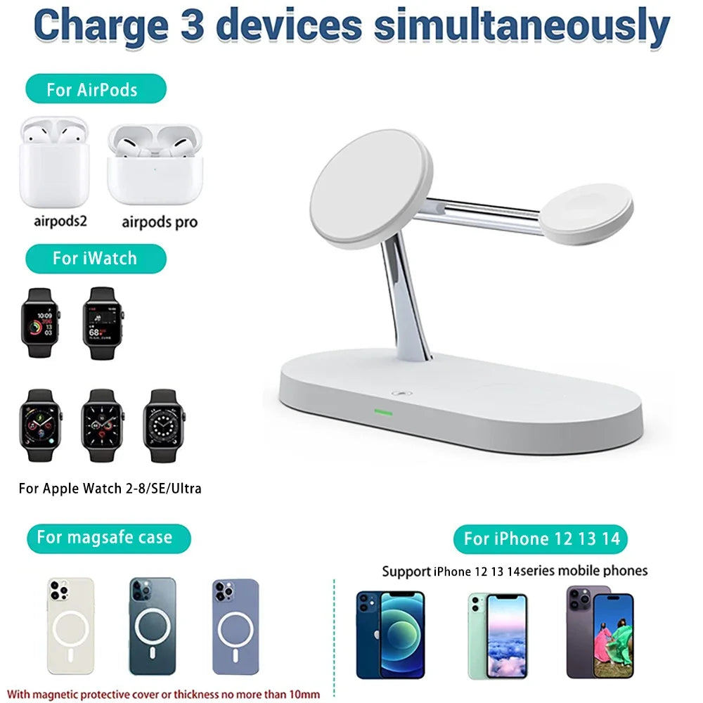 Wireless charging stand with compatibility for various Apple devices on a white background