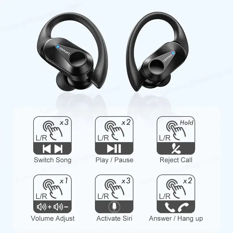 Black wireless earbuds with control icons displayed on a white background