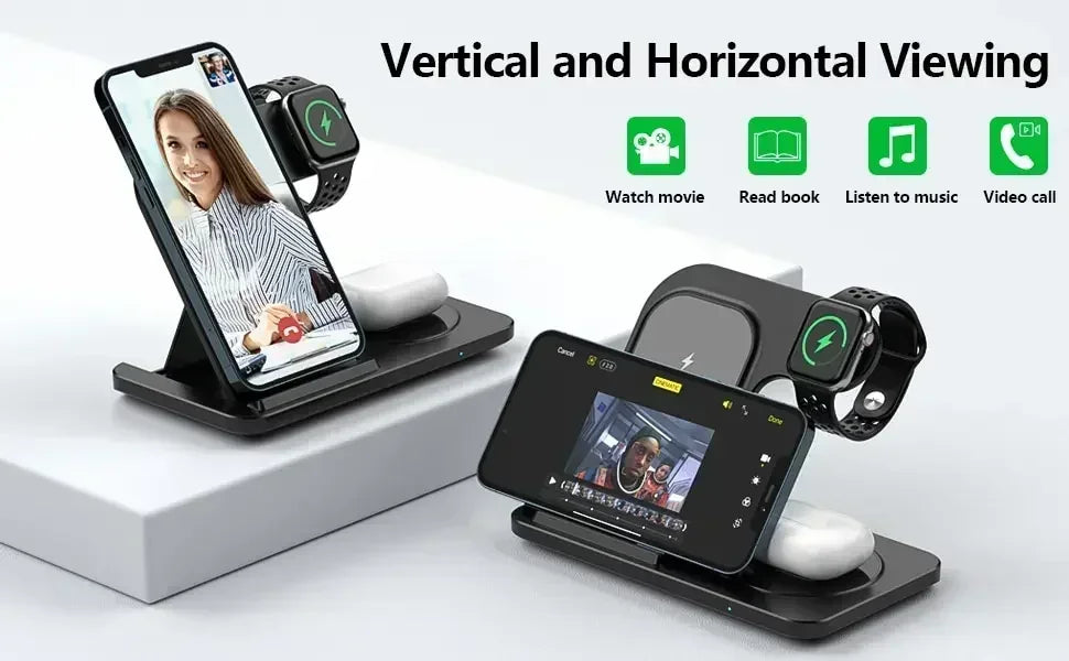 Multi-device charging stand with smartphone, smartwatch, and headphones on a white background.