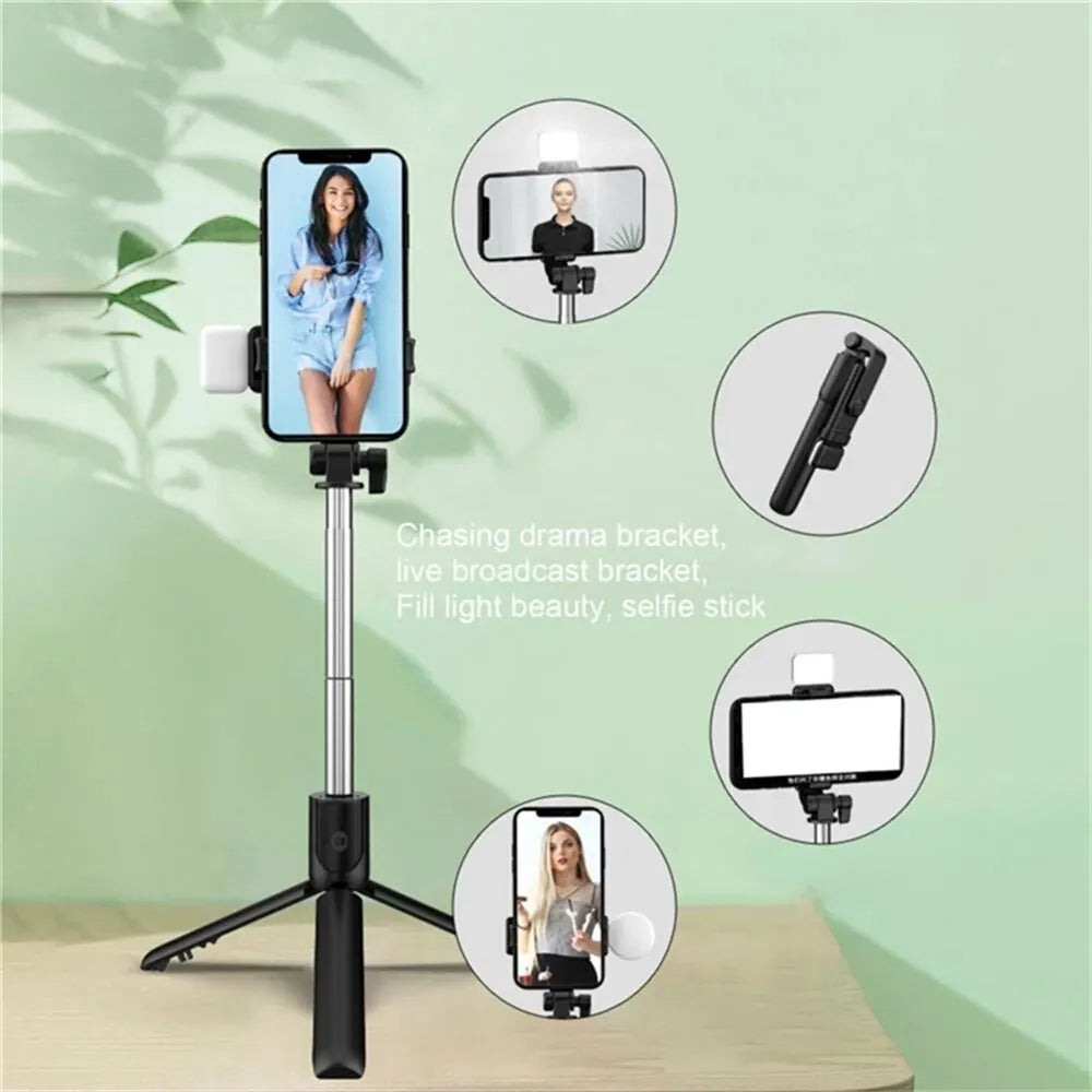 Phone holder with tripod and light on a green background