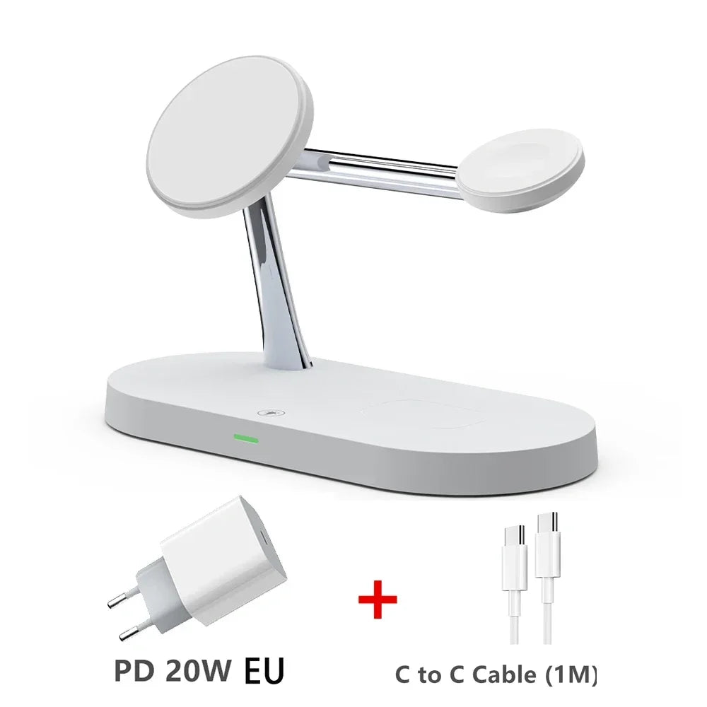 White charging stand with USB-C cable and power adapter on a white background