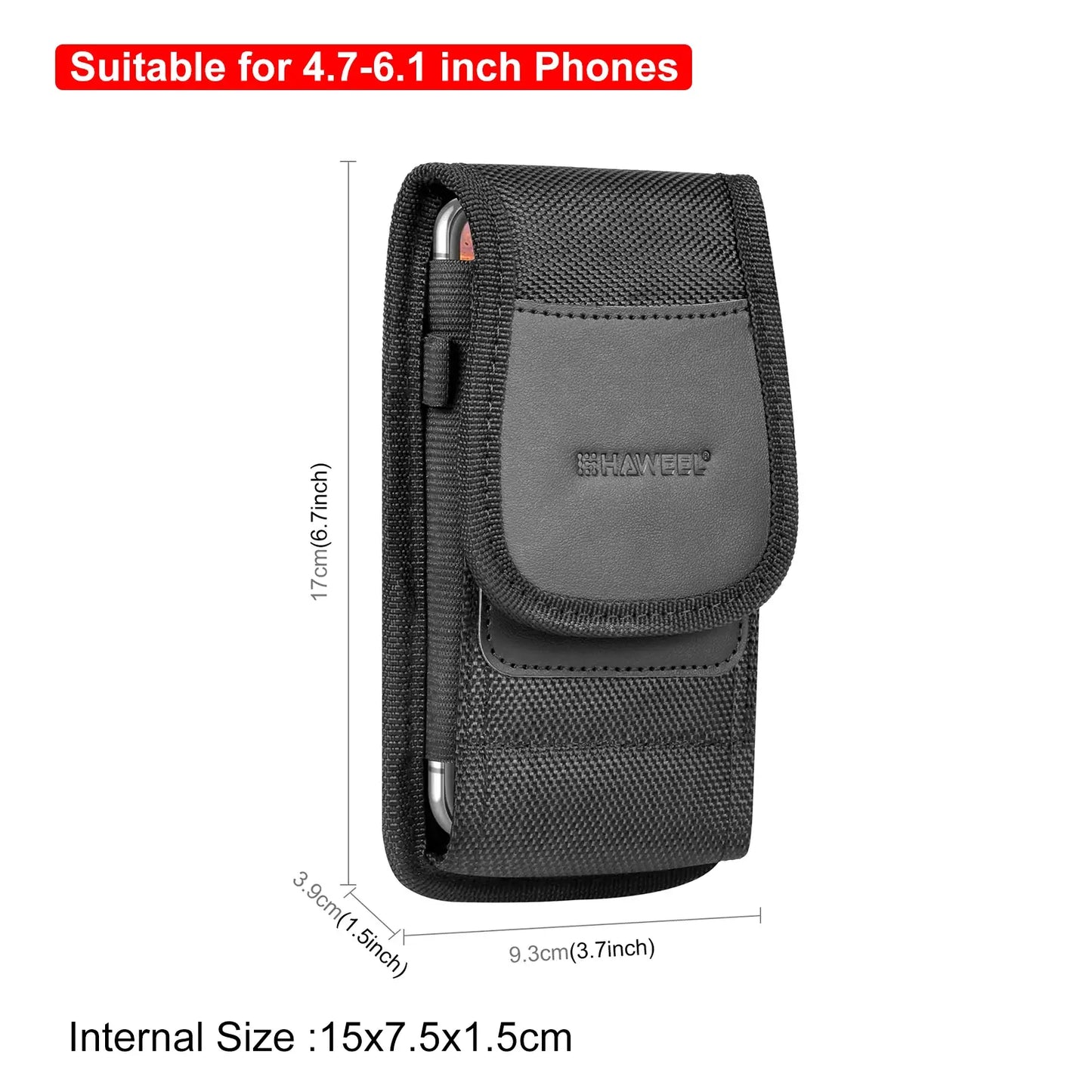 Black phone case with dimensions and compatibility information displayed on a white background