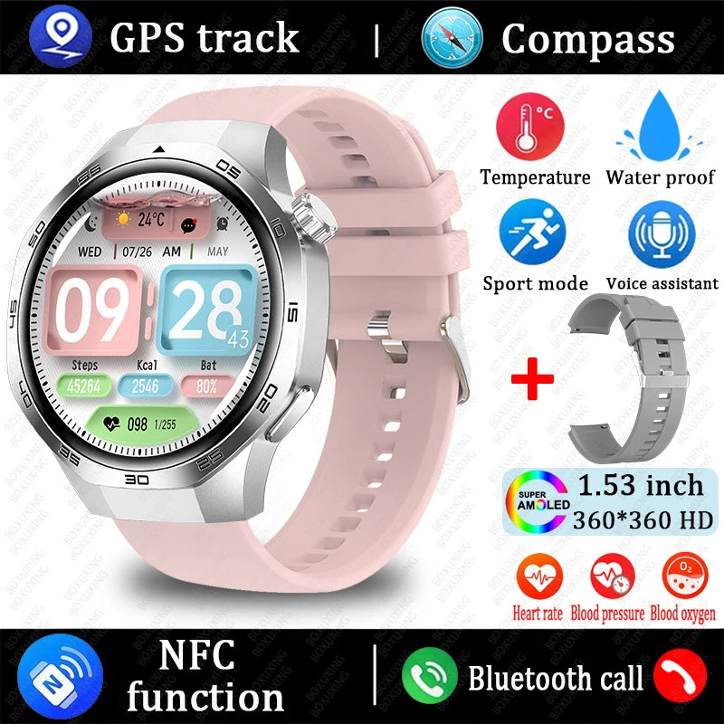 Smartwatch with pink band and various features highlighted on a black background