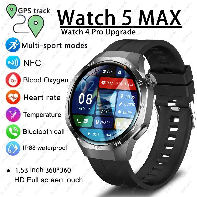 Smartwatch with features listed on a white background