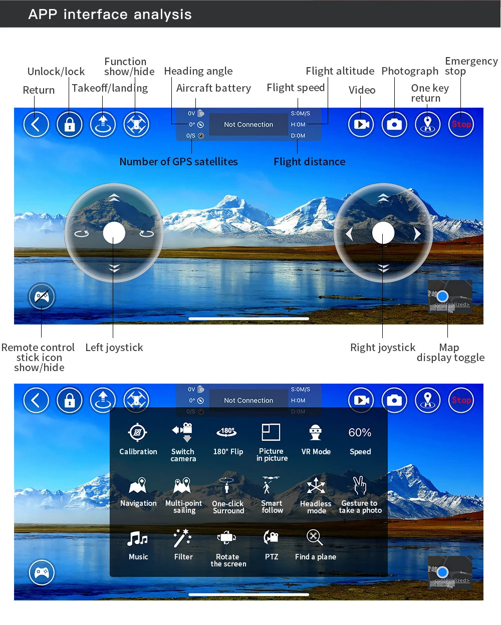 User interface of a drone control app with mountainous landscape background