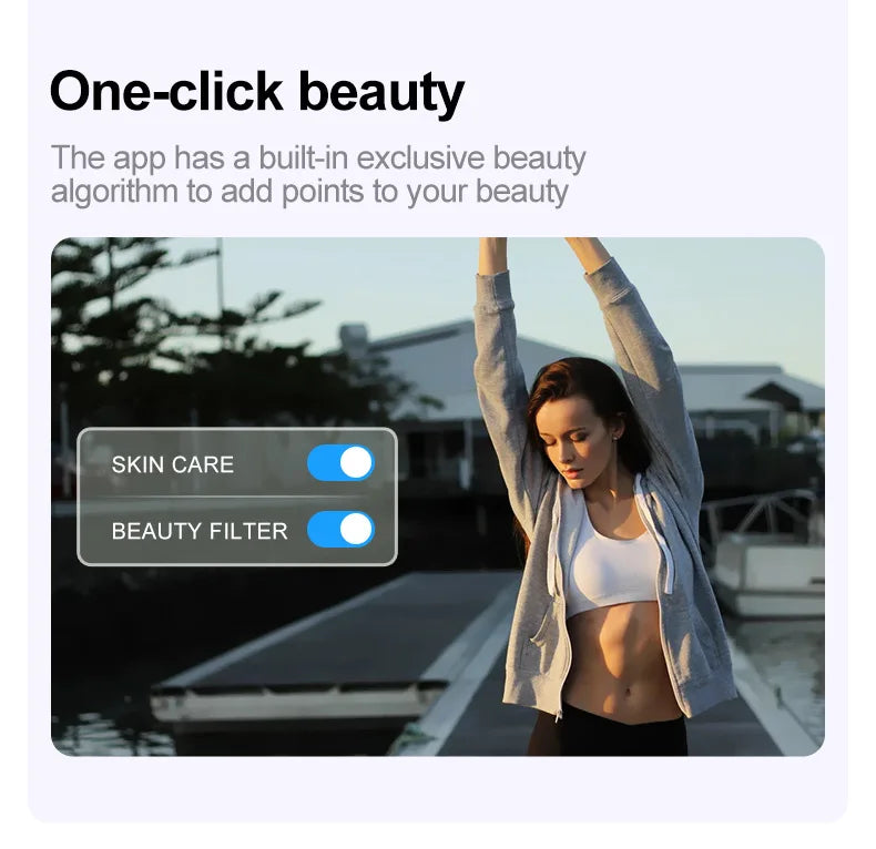 Woman exercising outdoors with text about an app's beauty features