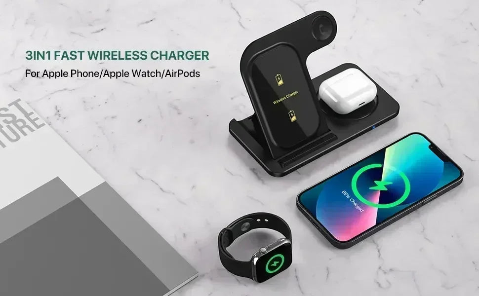 3-in-1 fast wireless charger with Apple devices on a marble surface