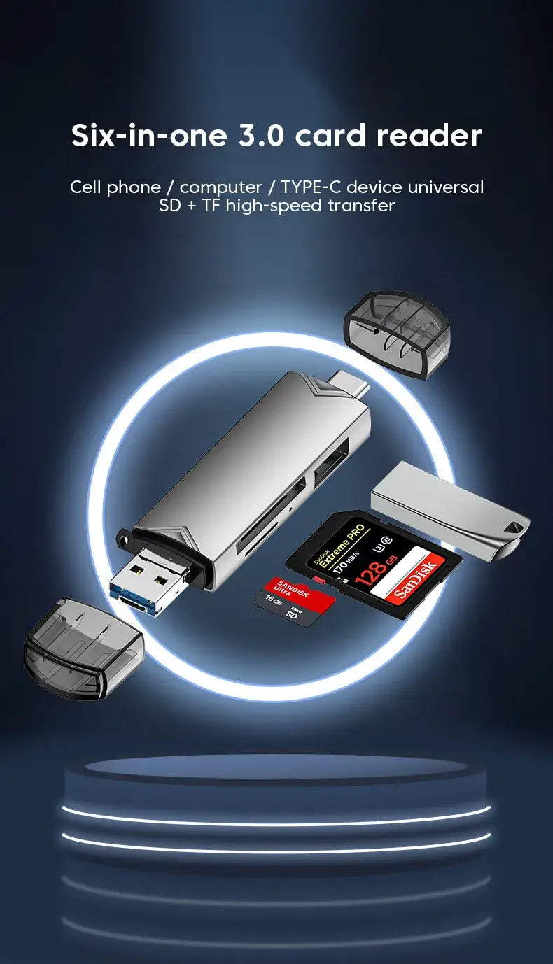 Six-in-one USB 3.0 card reader with SD and TF cards on a dark background