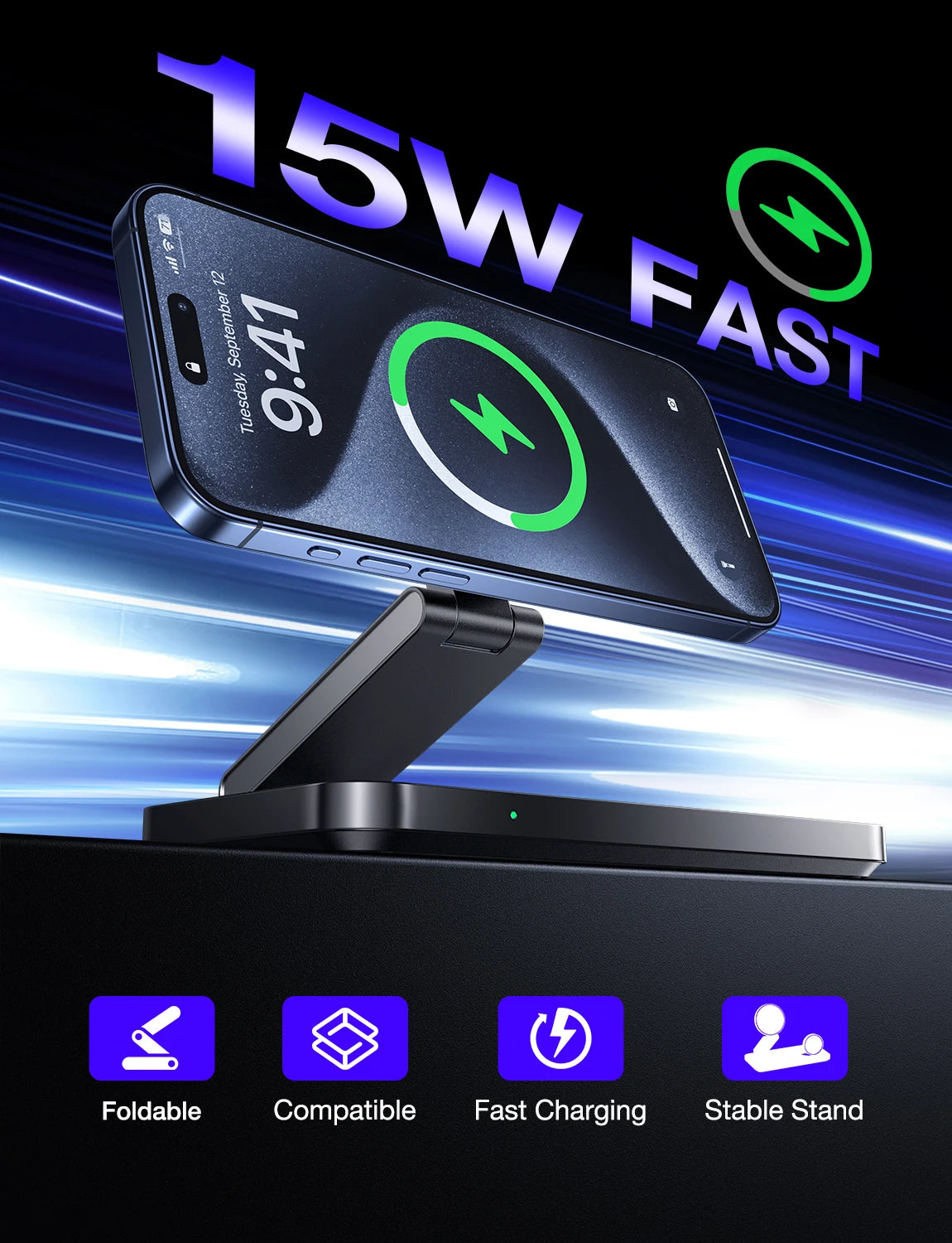 Wireless charging stand with smartphone on a black background, highlighting features like fast charging and stability.