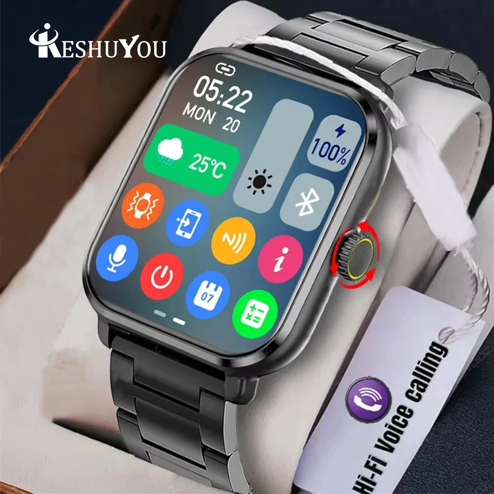 Smartwatch with a metal band on a white surface, featuring the brand 'KESHUYOU'.