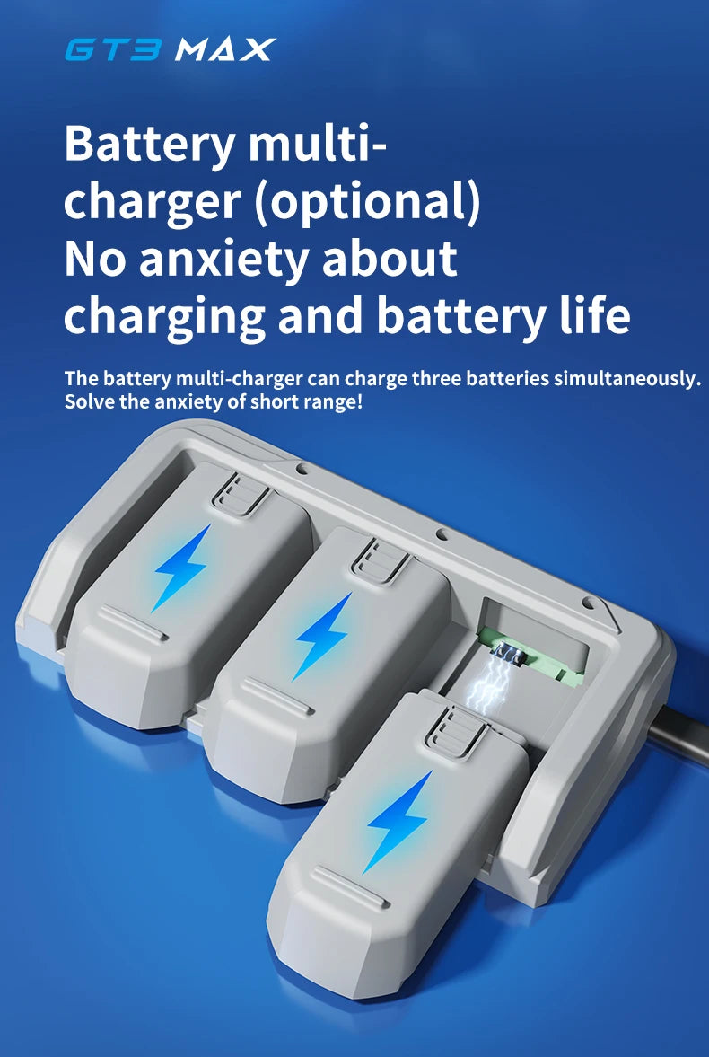 Battery multi-charger with text on a blue background