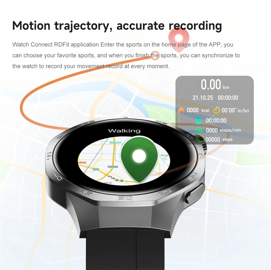 Smartwatch with motion trajectory and recording features displayed on a white background