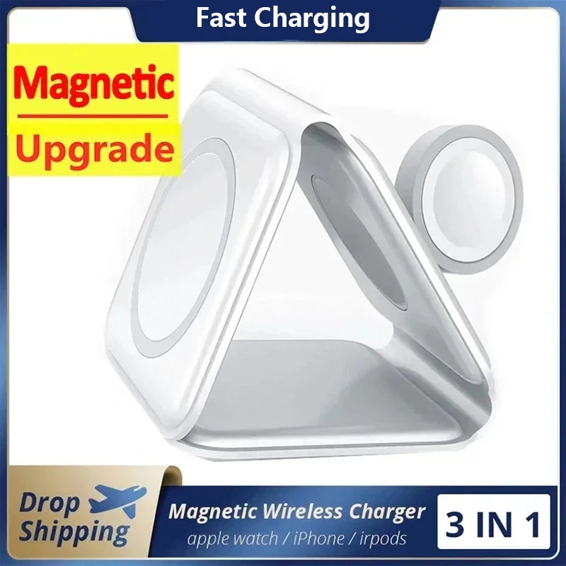 Magnetic wireless charger with 'Fast Charging' and 'Magnetic Upgrade' text on a blue background