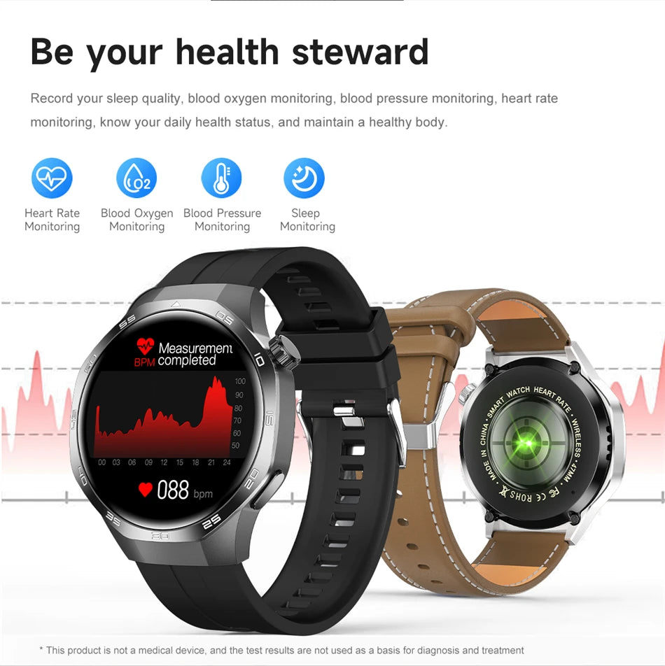 Two smartwatches with health monitoring features on a white background