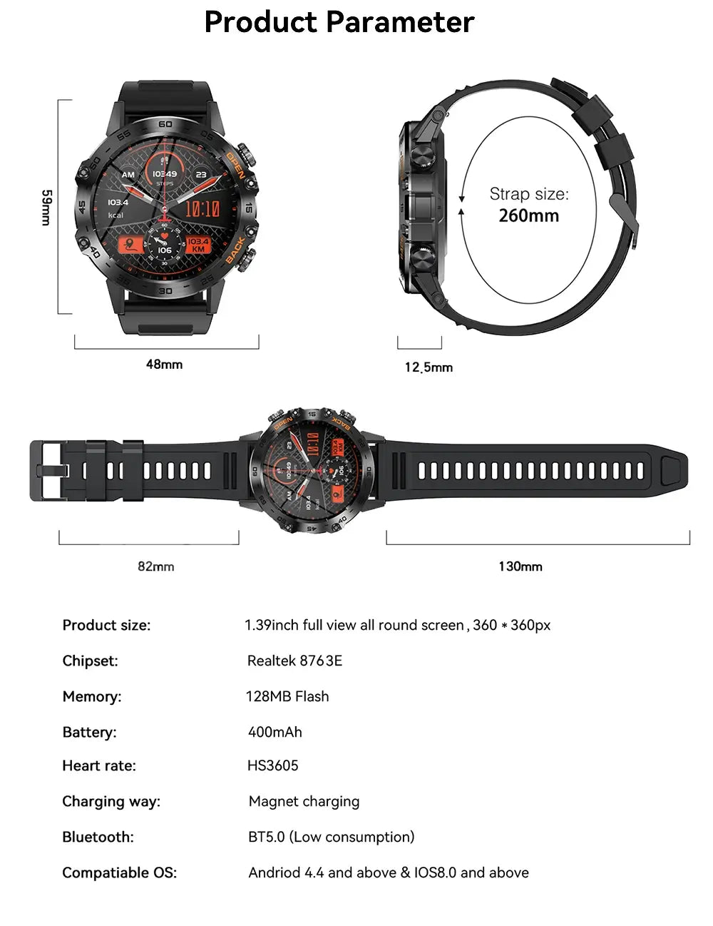 Melanda Smartwatch with dimensions and technical specifications shown on white background